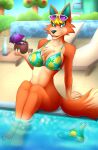  2022 5_fingers absurd_res animal_crossing anthro audie_(animal_crossing) barefoot bottle bottomless bottomless_anthro bottomless_female bottomwear bra building canid canine canis clothed clothing coconut drupe_(fruit) eyewear eyewear_on_head feet female fingers food fruit hi_res house mammal nintendo panties partial_nudity plant shrub solo straw summer sunglasses sunglasses_on_head swimwear tree umbrella underwear varrio10 video_games wet wet_bottomwear wet_clothing wet_panties wet_underwear wolf 