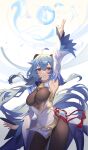  1girl absurdres ahoge arm_up armpits bangs bare_shoulders bell blue_hair breasts brown_pantyhose chinese_knot cowboy_shot detached_sleeves flower_knot ganyu_(genshin_impact) genshin_impact gold_trim highres horns ktr_(tpun2553) long_hair looking_at_viewer medium_breasts neck_bell no_gloves orb pantyhose purple_eyes sidelocks smile solo standing tassel vision_(genshin_impact) waist_cape white_sleeves 