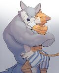  2022 anthro anthro_on_anthro bear_hug biceps big_muscles canid canine canis carrying claws clenched_teeth clothed clothed/nude clothing domestic_cat domestic_dog duo embrace eyebrows eyes_closed felid feline felis fur gradient_background grey_background hi_res hug huge_muscles jrjresq larger_male male male/male mammal muscular muscular_anthro muscular_male nude pecs simple_background size_difference smaller_male smile squeezing standing teeth topless topless_anthro topless_male tuft underwear white_background 