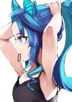  1girl absurdres adjusting_hair ahoge alternate_hairstyle animal_ears armpits arms_up black_hairband blue_eyes blue_hair breasts from_side hairband highres horse_ears horse_girl long_hair mouth_hold ponytail simple_background small_breasts solo toa510 twin_turbo_(umamusume) umamusume white_background 