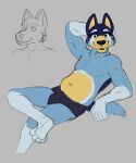  anthro bandit_heeler black_eyes blue_body blue_fur bluey_(series) canid canine canis domestic_dog fur guide_lines hand_behind_head hi_res lewd_latte male mammal musclegut sketch smile solo yellow_body yellow_fur 
