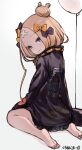 1girl abigail_williams_(fate) abigail_williams_(traveling_outfit)_(fate) absurdres balloon bandaid bandaid_on_face bandaid_on_forehead bangs barefoot black_bow black_jacket blonde_hair blue_eyes bow breasts crossed_bandaids fate/grand_order fate_(series) feet forehead hair_bow hair_bun high_collar highres jacket kuronuko_neero long_hair long_sleeves looking_back multiple_bows orange_belt orange_bow parted_bangs polka_dot polka_dot_bow sitting sketch sleeves_past_fingers sleeves_past_wrists small_breasts smile soles solo toes wariza 