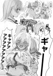  1boy 1girl admiral_(kancolle) blush breast_grab breasts commentary_request enemy_lifebuoy_(kancolle) grabbing grabbing_from_behind greyscale heart hetero highres kantai_collection large_breasts long_hair monochrome multiple_views nanahamu neckerchief nose_blush ooi_(kancolle) open_mouth parted_lips sailor_collar scared school_uniform serafuku simple_background sound_effects sweat translation_request 