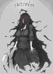  ahoge big_breasts black_clothing black_dress black_hair breasts cleavage clenched_teeth clothed clothing dress exposed_flesh female grey_background hair hair_between_eyes hair_over_eyes humanoid long_hair looking_at_viewer messy_hair nigredo_(overlord) overlord_(series) pale_skin scissors simple_background solo teeth undead unknown_artist white_body white_skin yellow_eyes 