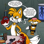  after_transformation blood bodily_fluids brain dialogue gore hi_res horror_(theme) mad_scientist miles_prower organs sega sonic_the_hedgehog_(series) transformation trevor-fox twinning 