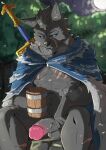  absurd_res anthro balls blaidd_(elden_ring) blue_eyes canid canine canis cape chest_scar clothed clothing elden_ring erection facial_scar forest fromsoftware full_moon genitals hi_res holding_mug holding_object looking_at_viewer male mammal melee_weapon monster+ moon mug muscular muscular_male night outside partially_clothed plant scar sitting solo sword tree video_games weapon wolf 