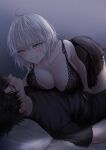  1boy 1girl ahoge bed black_hair blue_eyes blush breasts cleavage fate/grand_order fate_(series) fujimaru_ritsuka_(male) girl_on_top hetero highres jeanne_d&#039;arc_alter_(fate) large_breasts lingerie omizu_(omz) pillow short_hair smile underwear white_hair yellow_eyes 