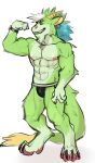  abs anthro bulge clock clothed clothing dragon famir_(artist) famir_(character) front_view full-length_portrait fur furred_dragon green_body green_fur green_hair grin hair hi_res horn looking_at_viewer male muscular muscular_anthro muscular_male narrowed_eyes nipples pecs portrait pose red_nipples simple_background smile solo standing topless unsigned watch white_background white_hair wristwatch yellow_eyes yellow_horn 