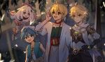  1girl 3boys :d absurdres aether_(genshin_impact) aladdin_(magi) ali_baba_saluja bandages black_shirt blonde_hair blue_eyes blue_hair blue_vest buzhimingmouhuan chest_sarashi chinese_commentary coat commentary_request cowboy_shot crop_top genshin_impact green_shirt grey_eyes halo highres instrument magi_the_labyrinth_of_magic midriff multiple_boys navel open_clothes open_coat open_mouth paimon_(genshin_impact) recorder sarashi scarf shirt short_hair smile standing stomach vest white_coat white_hair white_headwear white_scarf yellow_eyes 