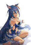  1girl animal_ears blue_hair breasts claw_pose cleavage clothing_cutout cross-laced_clothes cross-laced_legwear ear_ornament ecien highres hishi_amazon_(umamusume) horse_ears horse_girl horse_tail kneeling large_breasts long_hair looking_at_viewer midriff navel on_bed open_mouth pleated_skirt shoulder_cutout simple_background skirt tail thigh_strap umamusume very_long_hair white_background 