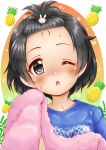  1girl ;o blue_shirt blush breasts bunny_hair_ornament commentary_request food forehead fruit hair_ornament head_tilt highres holding holding_towel idolmaster idolmaster_cinderella_girls looking_at_viewer one_eye_closed parted_lips pineapple regular_mow sasaki_chie shirt short_hair signature small_breasts solo sweat towel twitter_username upper_body 