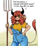 1girl animal_ears bell black_eyes breasts contrapposto cow_ears cow_girl cow_horns cow_tail cowboy_shot english_commentary english_text freckles hand_on_hip highres holding holding_pitchfork horns murgoten neck_bell open_mouth original overalls pitchfork shirt short_sleeves small_breasts solid_oval_eyes solo tail yellow_shirt 