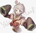  1other androgynous bow brown_bow brown_coat character_name coat collared_coat commentary_request cropped_torso flower flower_on_head grey_eyes grey_hair hands_up hemo_(hemoroda) highres houlen_yabusame len&#039;en looking_at_viewer short_hair_with_long_locks simple_background solo surprised upper_body 
