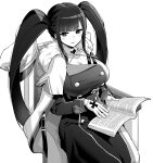  1girl azur_lane blush book breasts cleavage cross gloves greyscale highres holding holding_book hori_(hori_no_su) iron_cross large_breasts long_hair looking_at_viewer monochrome open_book parted_lips peter_strasser_(azur_lane) simple_background sitting smile solo twintails white_background 