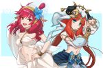  2girls :d bandeau bangs bare_arms bare_shoulders blue_eyes blue_nails blue_skirt bracelet breasts brown_eyes buzhimingmouhuan chinese_commentary commentary_request genshin_impact highres jewelry long_hair long_sleeves looking_at_viewer magi_the_labyrinth_of_magic medium_breasts midriff morgiana multiple_girls nail_polish navel neck_ring nilou_(genshin_impact) open_mouth red_hair skirt smile stomach veil very_long_hair white_skirt 