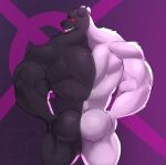  2021 anthro back_muscles biceps big_muscles black_body black_fur black_nose butt danganronpa digital_media_(artwork) fur genetic_chimerism grin hands_on_hips hi_res looking_at_viewer looking_back looking_back_at_viewer male mammal monokuma multicolored_body multicolored_fur muscular muscular_anthro muscular_male rear_view red_eyes sharp_teeth simple_background smile solo split_color teeth tuftbubble two_tone_body two_tone_fur ursid white_body white_fur 