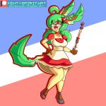  1:1 2022 absurd_res anthro bottomwear chile clothed clothing copihue digital_media_(artwork) dress eeveelution eyewear female fiestas_patrias_(chile) flower food fur generation_4_pokemon glasses green_hair hair hi_res leaf leafeon meat mintyspirit nintendo open_mouth patreon plant pokemon pokemon_(species) skewer skirt smile solo sunnyleafeon_(mintyspirit) video_games watermark yellow_body yellow_fur 