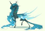  2019 arthropod black_body blue_hair blue_tail changeling crown digital_media_(artwork) eyelashes female feral friendship_is_magic green_eyes hair hasbro hi_res hooves horn insect_wings marbola my_little_pony queen_chrysalis_(mlp) raised_hoof signature simple_background smile solo wings 