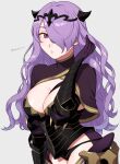  1girl armor bangs between_breasts black_armor black_panties bodice breasts camilla_(fire_emblem) cleavage commentary fake_horns fire_emblem fire_emblem_fates gloves grey_background hair_over_one_eye highres horns large_breasts long_hair looking_at_viewer one_eye_covered panties peach11_01 purple_eyes purple_gloves purple_hair simple_background solo tiara twitter_username underwear wavy_hair 