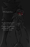  anthro avian bird cape clothing dress duo female formal_clothing formal_wear grey_text hair hi_res long_hair looking_away looking_down male owl owl_demon paimon_(helluva_boss) queen_octavia_(teathekook) red_eyes sad simple_background standing teathekook text 