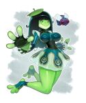  1girl black_corset black_gloves black_hair blunt_bangs breasts bug colored_skin commission corset derek_hetrick dress fewer_digits fingerless_gloves fly frog_girl full_body furawgi furry furry_female gloves green_dress green_skin hands_up highres horizontal_pupils indie_virtual_youtuber large_breasts lily_pad lily_pad_on_head long_hair long_sleeves narrow_waist oversized_bug short_dress smile solo stirrup_footwear virtual_youtuber 