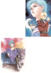  1980s_(style) 1980s_fashion 1990s_(style) 1girl 2boys absurdres aeug aqua_hair blonde_hair blue_eyes blue_hair char_aznable comparison couch four_murasame gundam highres kamille_bidan kitazume_hiroyuki magazine_scan military_uniform mullet multiple_boys official_art painting_(medium) purple_lips quattro_bajeena removing_eyewear retro_artstyle scan science_fiction short_hair sitting sunglasses titans_(gundam) traditional_media watercolor_(medium) wristband zeta_gundam zeta_gundam_define 