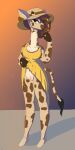 absurd_res anthro aroused brown_body brown_fur brown_hair clothing dress eyes female footwear fur genitals giraffe giraffid hair hammysammy hat headgear headwear hi_res hooves larger_female mammal markings shoes size_difference smile smirk solo spots spotted_markings standing sun_hat sundress vulva