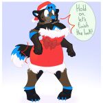 anthro blue_eyes bow_ribbon breasts canid canine canis christmas christmas_clothing cleavage clothed clothing crossgender domestic_dog dress everminnetheermine female gender_transformation german_shepherd herding_dog hi_res holidays implied_transformation mammal mtf_transformation pastoral_dog red_clothing red_dress solo speech_bubble standing surprised transformation