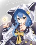  1girl absurdres animal_hood black_sailor_collar black_shirt black_skirt blue_eyes blue_hair closed_mouth commentary_request drink_carton highres holding holding_juice_box hololive hood hoshimachi_suisei hoshimachi_suisei_(sailor) jacket juice_box looking_at_viewer medium_hair official_alternate_costume sailor_collar shirt skirt solo star_(symbol) star_in_eye symbol_in_eye u_da_desu virtual_youtuber white_jacket 