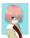  1girl aqua_background black-framed_eyewear commentary eyes_visible_through_hair fate/grand_order fate_(series) glasses hair_over_one_eye izumo_(user_cmcy2878) looking_at_viewer mash_kyrielight necktie pink_hair purple_eyes red_neckwear short_hair smile solo two-tone_background upper_body white_background 