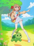  1boy 1girl absurdres aqua_bow aqua_bowtie bag blue_dress blue_eyes blue_sailor_collar blue_shoes blue_socks bow bowtie brown_hair cardigan closed_mouth cloud commentary cosplay cropped_cardigan day dress english_commentary from_side full_body grass hair_ribbon highres index_finger_raised long_hair long_sleeves neuro-sama open_mouth outdoors pleated_dress pointy_ears pokemon red_ribbon ribbon sailor_collar shoes short_dress shoulder_bag signature smile socks standing tree turtle turtwig turtwig_(cosplay) two_side_up vedal987 vedal_ai virtual_youtuber xarakura_xara yellow_cardigan 
