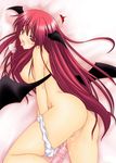  ass bat_wings breasts head_wings koakuma large_breasts long_hair lying nipples nude open_mouth panties panties_around_one_leg pussy pussy_juice red_eyes red_hair solo sweat take_toshiaki tongue touhou uncensored underwear vibrator wings 