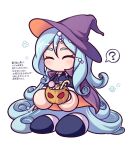  1girl ? aqua_hair awase_marina blue_jacket blue_shoes bucket candy candy_cane closed_eyes commentary_request curly_ends food halloween halloween_bucket halloween_costume hat highres holding holding_bucket jacket jikkyou_powerful_pro_yakyuu jikkyou_powerful_pro_yakyuu_(style) lollipop long_hair multicolored_jacket multicolored_shoes no_mouth parmesan_(zan_parmesanne) pearl_hair_ornament power_pro_appli purple_hat rayman_limbs shoes smile solo spoken_question_mark track_jacket two-tone_shoes very_long_hair white_background white_jacket white_shoes witch_hat 