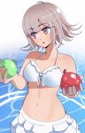 1girl absurdres bare_shoulders bikini blunt_bangs breasts brown_hair cleavage collarbone commentary danganronpa_(series) danganronpa_2:_goodbye_despair flipped_hair gjh highres holding large_breasts layered_skirt medium_hair nanami_chiaki navel open_mouth skirt solo stomach swimsuit water water_balloon white_bikini 