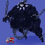 anthro bdsm big_breasts black_body black_eyes bodily_fluids bondage bound bracelet breasts chain chain_chomp chained clothing collar cuff_(restraint) duo extreme_size_difference facial_hair female female_focus gigi_(thecoatl034) handcuffed handcuffs hat headgear headwear hi_res huge_breasts human hyper hyper_breasts iljajop jewelry larger_anthro larger_female male mammal mario mario_bros metal_cuffs muscular muscular_anthro muscular_female mustache nintendo nipple_chain restraints sharp_teeth size_difference smaller_human smaller_male solo_focus spiked_bracelet spiked_collar spikes sweat sweaty_breasts teeth