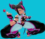  1girl anger_vein aqua_background aqua_eyes aqua_nails baggy_pants black_choker black_gloves black_hair black_pants bracelet breasts candy choker commentary cropped_shirt diagonal_bangs english_commentary fingerless_gloves food full_body gloves hair_horns han_juri heterochromia highres holding holding_candy holding_food holding_lollipop jewelry lollipop looking_at_viewer medium_breasts medium_hair multicolored_gloves multicolored_hair nail_polish pants pantyhose partially_unzipped pink_eyes pink_gloves pink_hair scowl shirt simple_background solo spiked_anklet spiked_bracelet spiked_choker spikes squatting stirrup_footwear streaked_hair street_fighter street_fighter_6 thick_thighs thighs tiptoes toenail_polish toenails toned toned_female tsurime two-tone_gloves two-tone_hair werfmight white_pantyhose white_shirt zipper 