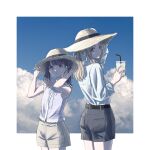  2girls absurdres black_hair blue_shirt brown_eyes brown_hair commentary_request cup disposable_cup drinking_straw fukumaru_koito hat height_difference highres ichikawa_hinana idolmaster idolmaster_shiny_colors long_hair looking_at_viewer multiple_girls polka_dot polka_dot_shirt ponytail purple_eyes purple_shirt shirt shorts sleeveless sleeveless_shirt straw_hat striped_clothes striped_shirt swept_bangs t_takahashi_(ixtl416) twintails vertical-striped_clothes vertical-striped_shirt 