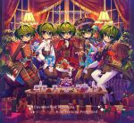  1boy 2000s_(style) adjusting_clothes adjusting_headwear androgynous antenna_hair arm_up beads black_boots black_corset black_gloves black_hat black_jacket black_pants blue_eyes blue_flower blue_rose blush boots bouquet bow brooch candle center_cross_lace character_doll coattails commentary_request corset costume_request couch cup dated doll elbow_gloves ensemble_stars! fang faux_retro_artstyle feature_scout_1_(ensemble_stars!) fingerless_gloves flower frilled_sleeves frills full_body gem gift glove_belt gloves green_hair hair_between_eyes hand_on_own_chest happy_birthday hat hermitage_(ensemble_stars!) high_collar highres holding holding_bouquet itsuki_shu jacket jewelry kagehira_mika lamp long_sleeves looking_at_viewer machina_(ensemble_stars!) male_focus multiple_persona multiple_views night official_alternate_costume on_couch open_mouth outstretched_hand pants peaked_cap plant purple_flower purple_gem purple_rose red_gem red_jacket rose short_hair sitting skin_fang smile table tailcoat teacup teapot thigh_strap watashi_candy watermark white_bow white_flower white_pants white_rose window wrist_belt yellow_eyes 