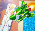  1girl aircraft amron_(robopon) arm_behind_head arms_up bare_arms bare_legs barefoot bikini blonde_hair blue_eyes breasts chair cleavage commentary_request flying from_above heart heart_in_eye highres jet_(robopon) long_hair looking_at_viewer lounge_chair lying mizutani_kenta navel non-humanoid_robot official_artist_extra on_back one_eye_closed outdoors parted_lips pool red-tinted_eyewear robot robot_ponkottsu round_eyewear strapless strapless_bikini sunglasses swimsuit symbol_in_eye tile_floor tiles tinted_eyewear white_bikini 