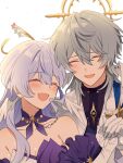  1boy 1girl ^_^ aiga_ippai bare_shoulders brother_and_sister closed_eyes commentary_request detached_collar earrings gloves grey_hair hair_between_eyes halo halo_behind_head head_wings highres holding_hands honkai:_star_rail honkai_(series) jewelry long_hair purple_hair robin_(honkai:_star_rail) short_hair siblings smile sunday_(honkai:_star_rail) sunday_(sacerdos'_relived_ordeal)_(honkai:_star_rail) upper_body white_background white_gloves white_wings wings 