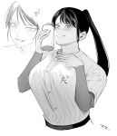  1girl @_@ baseball_jersey baseball_uniform blush bottle breasts coach commentary_request duma_0206 greyscale hand_on_own_chest highres holding holding_bottle jersey large_breasts layered_sleeves long_hair long_sleeves monochrome multiple_views parted_lips ponytail raised_inner_eyebrows sankyuu_pitch shirt short_over_long_sleeves short_sleeves simple_background smile sportswear striped_clothes striped_shirt tented_shirt todoroki_ikuko tongue tongue_out upper_body vertical-striped_clothes vertical-striped_shirt white_background 