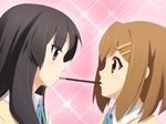  akiyama_mio blush eye_contact food fujirin ga-rei ga-rei_zero hair_ornament hairclip highres hirasawa_yui k-on! lips look-alike looking_at_another mouth_hold multiple_girls parody pocky pocky_kiss school_uniform shared_food sparkle yuri 