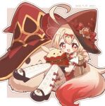  1girl backpack bag black_gloves black_shoes blonde_hair bloomers blush border bow bow_legwear bowtie commentary_request dated dodoco_(genshin_impact) dress genshin_impact gloves hair_between_eyes hair_bow happy happy_birthday hat highres hugging_object jumpy_dumpty klee_(blossoming_starlight)_(genshin_impact) klee_(genshin_impact) large_hat long_hair looking_at_viewer masikii_13 official_alternate_costume open_mouth pointy_ears red_bow red_bowtie red_dress red_eyes red_hat shirt shoes short_sleeves sidelocks sitting sleeve_bow smile thighhighs twintails vision_(genshin_impact) white_bloomers white_border white_thighhighs witch_hat 