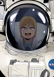  1girl blonde_hair blue_eyes commentary_request galois hair_between_eyes helmet highres korean_commentary lanyard light_blush logo long_hair nasa_logo odyssey_(galois) open_mouth reflection seong_eun-ha sidelocks smile solo space_helmet spacesuit teeth upper_body upper_teeth_only 
