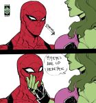  1boy 1girl animal_print animification bodysuit breasts colored_skin green_lips green_skin highres jennifer_walters leotard long_hair lordkillerghost marvel mask meme multicolored_leotard muscular muscular_female she-hulk simple_background spider-man spider-man_(series) spider_print spider_web_print superhero_costume two-tone_leotard 