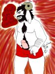  alternate_universe angry asgore_dreemurr black_hair body_hair boss_monster bovid boxers_(clothing) broken_horn caprine chest_hair clothing dialogue fangs fur goat hair happy_trail male mammal moobs mostly_nude penis presenting presenting_penis pubes slightly_chubby thelionsinner underfell undertale underwear video_games white_fur 