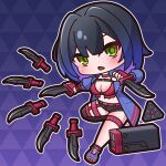  1girl absurdres black_hair black_shorts black_thighhighs blue_hair blue_jacket blue_shoes breasts chaos_zero_nightmare character_request chibi cleavage commentary_request dual_wielding full_body gradient_hair highres holding holding_knife jacket knife looking_at_viewer medium_breasts multicolored_hair open_clothes open_jacket outline parted_lips purple_hair saishosaisekojo shoes shorts single_thighhigh solo thighhighs two-tone_hair white_outline 