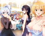  6+girls bare_shoulders bead_necklace beads black_dress black_gloves black_hair blonde_hair blue_dress blue_eyes blush breasts cleavage closed_mouth collarbone commentary_request cup dokyuu_hentai_hxeros dress enjou_retto eyes_visible_through_hair genderswap genderswap_(mtf) glass gloves grey_hair hair_between_eyes hair_over_one_eye hair_up hands_up highres holding holding_cup hoshino_kirara indoors jewelry large_breasts long_hair looking_at_viewer looking_to_the_side mask medium_breasts momozono_momoka mouth_mask multiple_girls murasame_shiko necklace official_art open_mouth pink_hair purple_eyes red_dress red_hair ryouma_(galley) shirayuki_maihime short_hair sitting sleeveless sleeveless_dress smile standing strapless strapless_dress table tenkuuji_sora v vase wakakusa_moena white_dress yellow_eyes yoitsuki_shou 