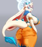 2024 absurd_res angela_flux anthro atlyss big_breasts big_butt blue_bottomwear blue_clothing blue_eyes blue_horn blue_shirt blue_skirt blue_topwear blush bodily_fluids bottomwear breasts butt clothing eyewear female fur glasses grey_background hair hi_res horn huge_breasts huge_butt kubold_(atlyss) lewd_skr looking_back looking_down nipple_outline oathkin_(atlyss) orange_bottomwear orange_clothing orange_shirt orange_skirt orange_topwear pink_inner_ear red_eyewear red_glasses shirt side_boob simple_background skirt solo sweat tight_clothing topwear white_body white_fur white_hair
