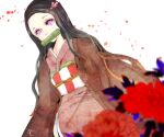  1girl bamboo bit_gag black_hair brown_haori checkered_sash commentary flower gag hair_ribbon haori japanese_clothes kamado_nezuko kimetsu_no_yaiba kimono long_hair long_sleeves obi obiage obijime pink_eyes pink_kimono pink_ribbon red_flower ribbon ruka_(blueplus84) sash solo 